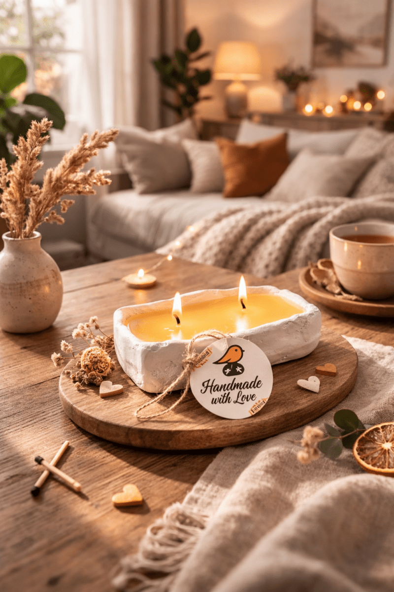 Evcikuş Çift Fitilli Beton Mum – Doğal Doku Dekoratif Mum (Bej Ton) - evcikus