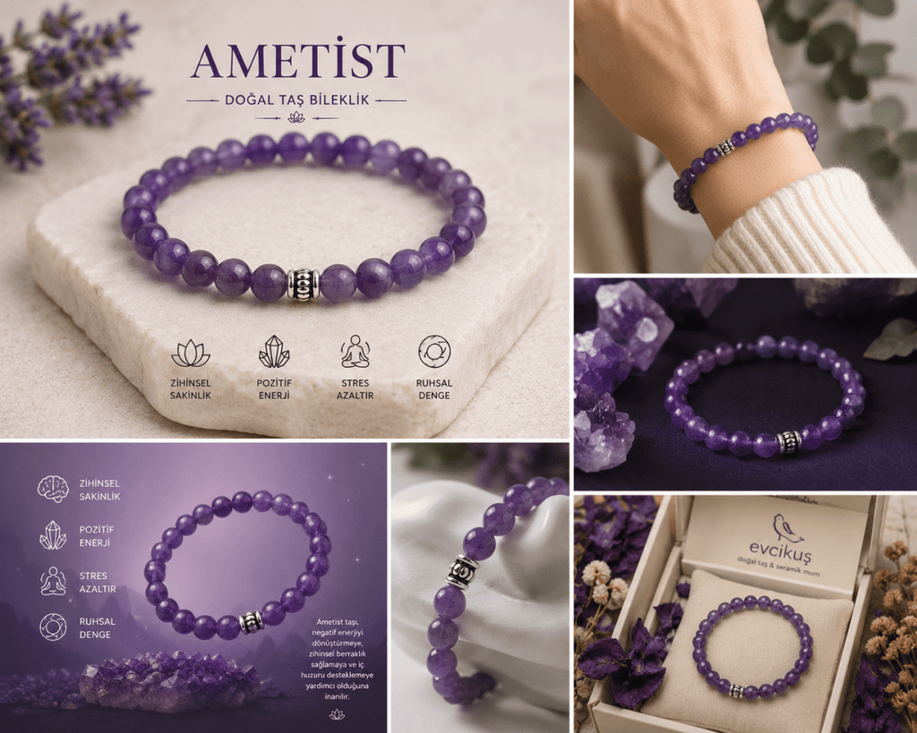 Ametist Doğal Taş Bileklik 8 MM | Denge ve Huzur Serisi | Elastik Unisex Tasarım - evcikus