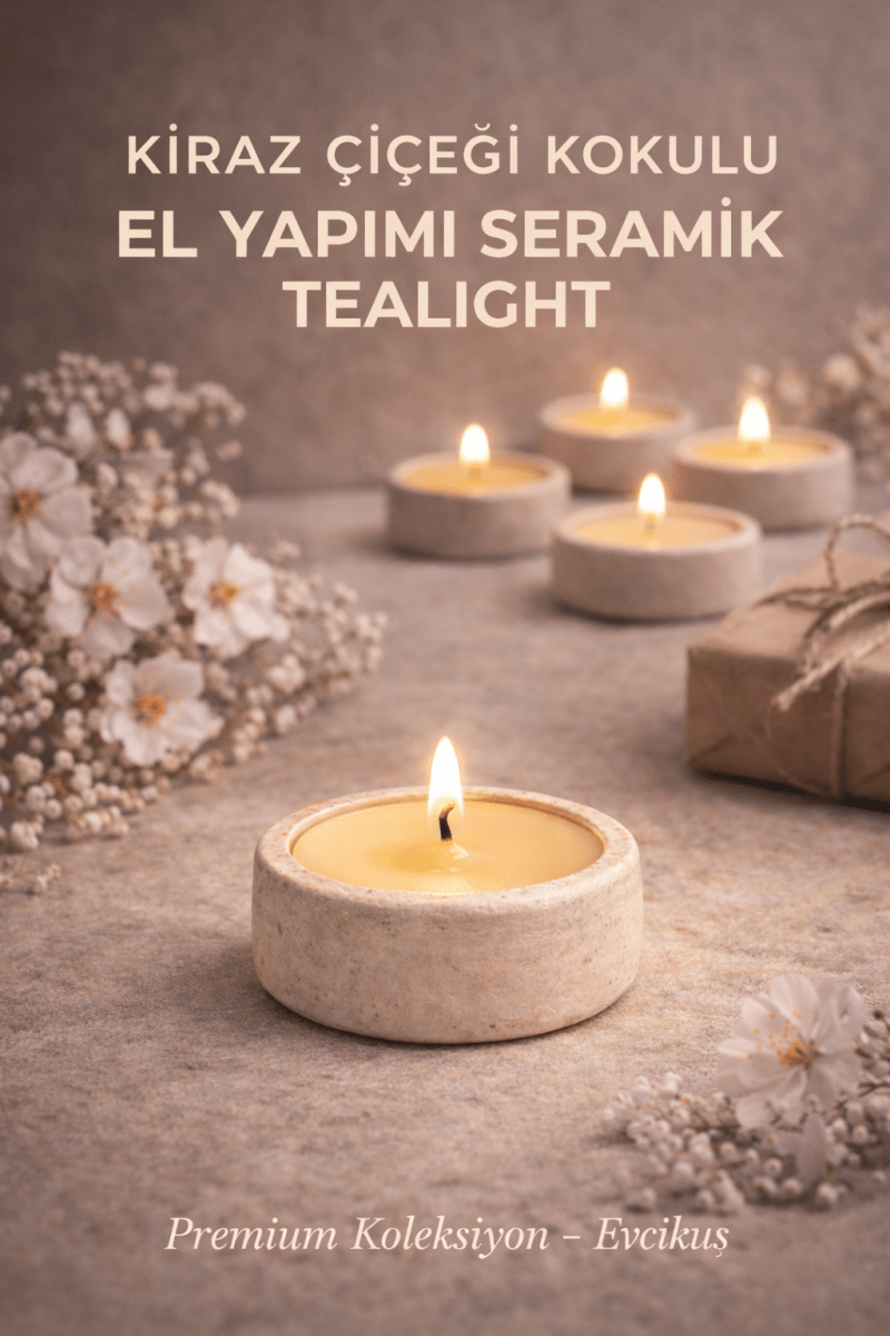 Evcikuş El Yapımı Seramik Tealight Mum – Kiraz Çiçeği Kokulu - evcikus