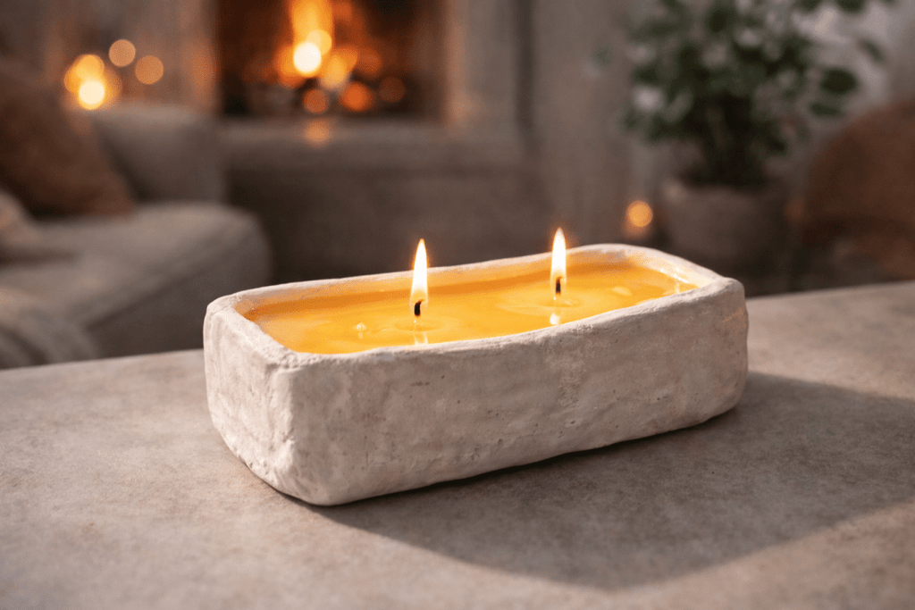 Evcikuş Çift Fitilli Beton Mum – Doğal Doku Dekoratif Mum (Bej Ton) - evcikus