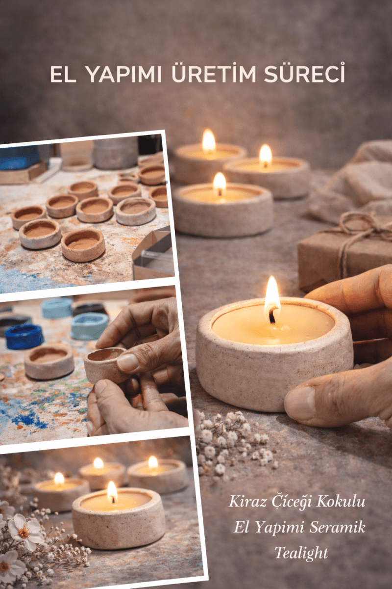Evcikuş El Yapımı Seramik Tealight Mum – Kiraz Çiçeği Kokulu - evcikus
