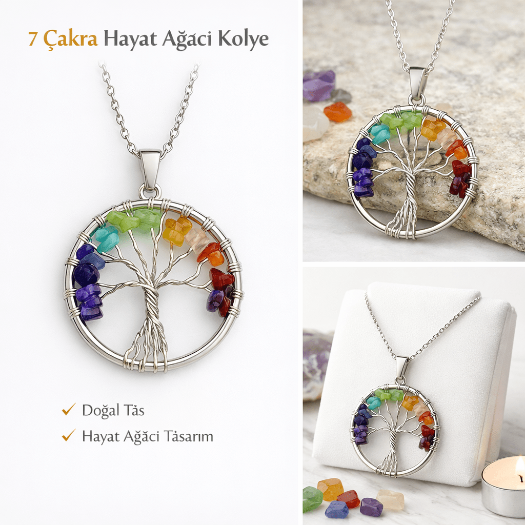 Evcikuş 7 Çakra Hayat Ağacı Kolye – Doğal Taşlı Spiritüel Enerji Kolyesi - evcikus