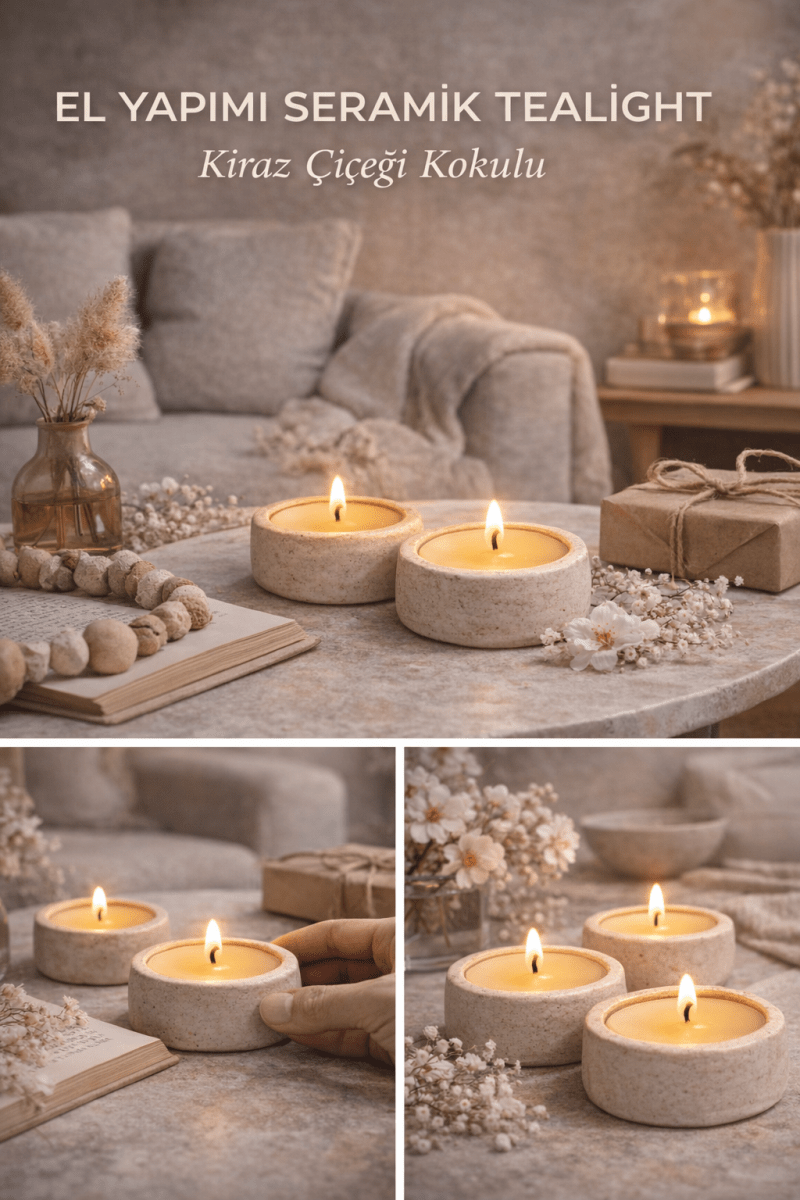 Evcikuş El Yapımı Seramik Tealight Mum – Kiraz Çiçeği Kokulu - evcikus