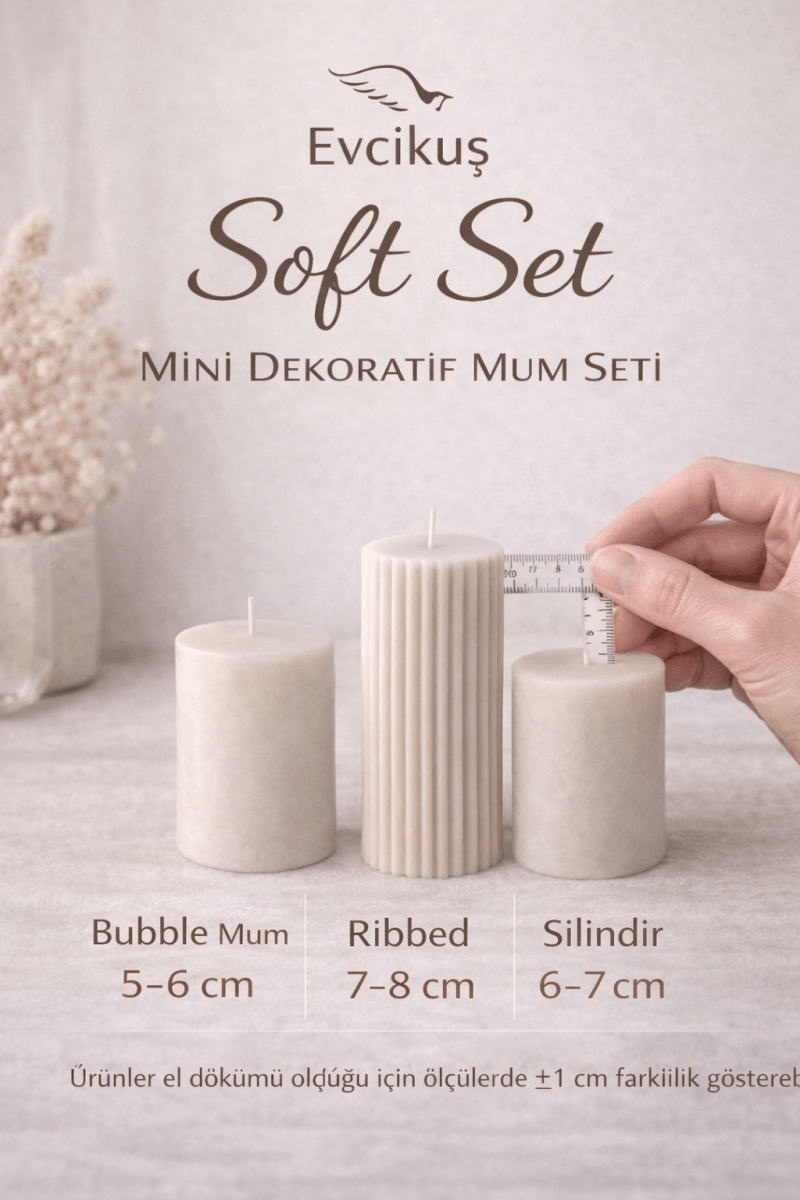 Evcikuş Soft Set 3’lü Dekoratif Mum – Bubble & Ribbed & Silindir Mum - evcikus