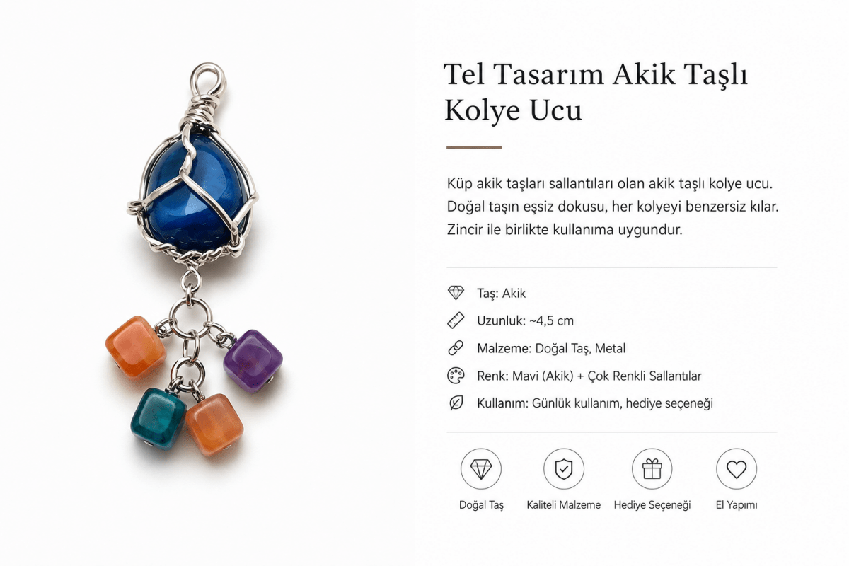 Tel Tasarım Akik Taşlı Doğal Taş Kolye Ucu - evcikus