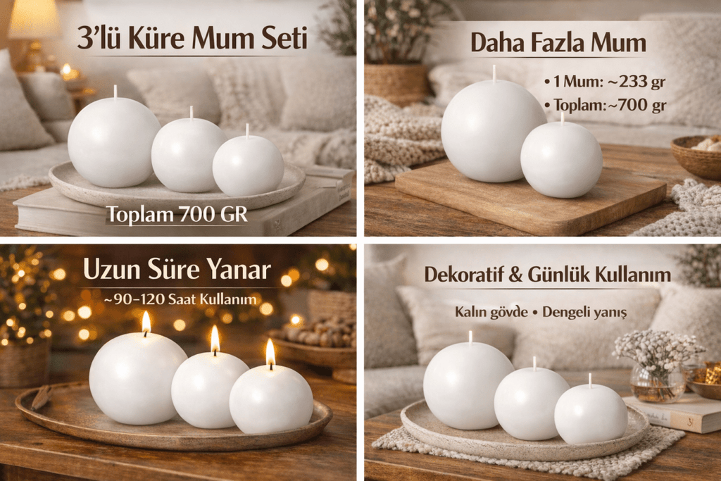 Evcikuş 3’lü Küre Mum Seti – Minimal Dekoratif Mum (700 gr) - evcikus