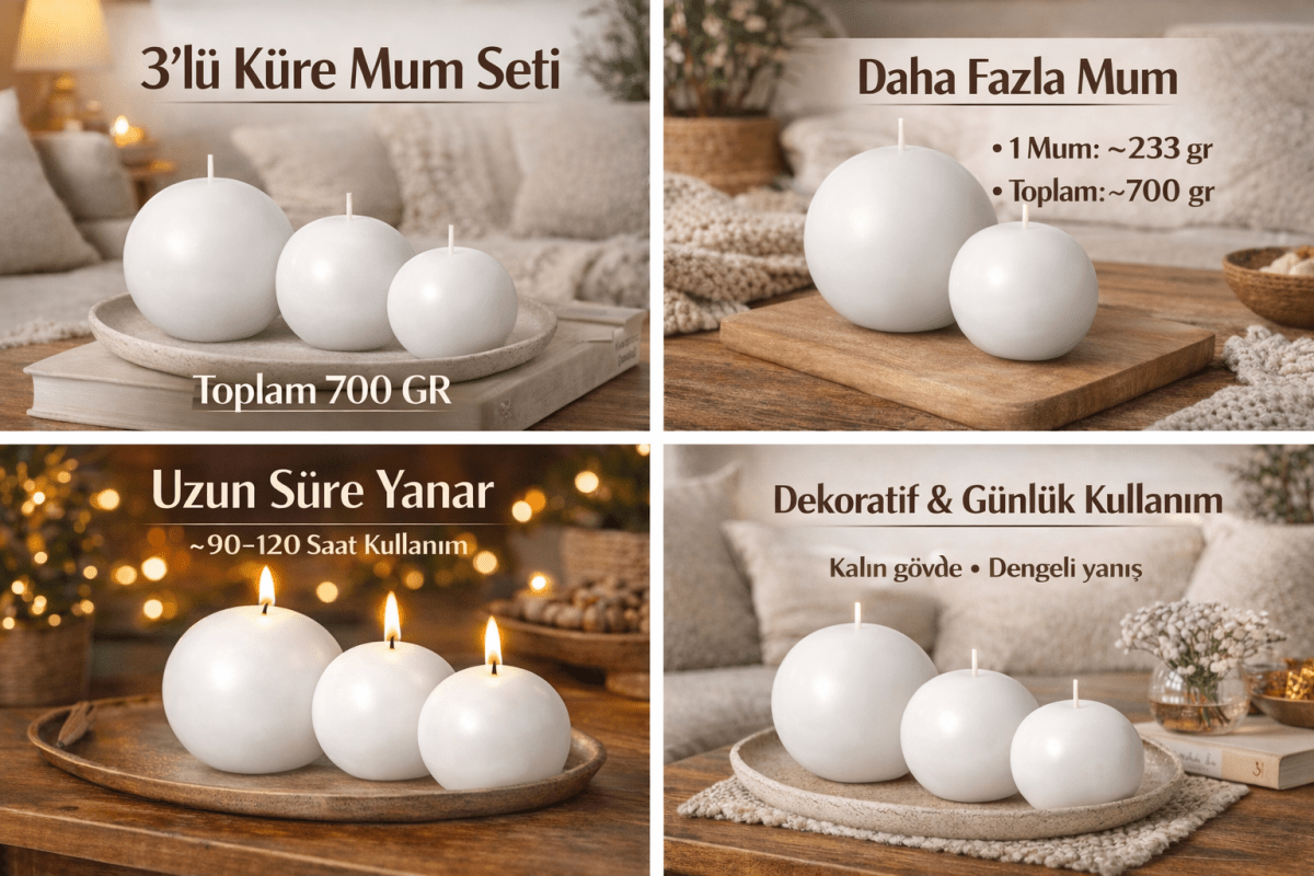 Evcikuş 3’lü Küre Mum Seti – Minimal Dekoratif Mum (700 gr) - evcikus