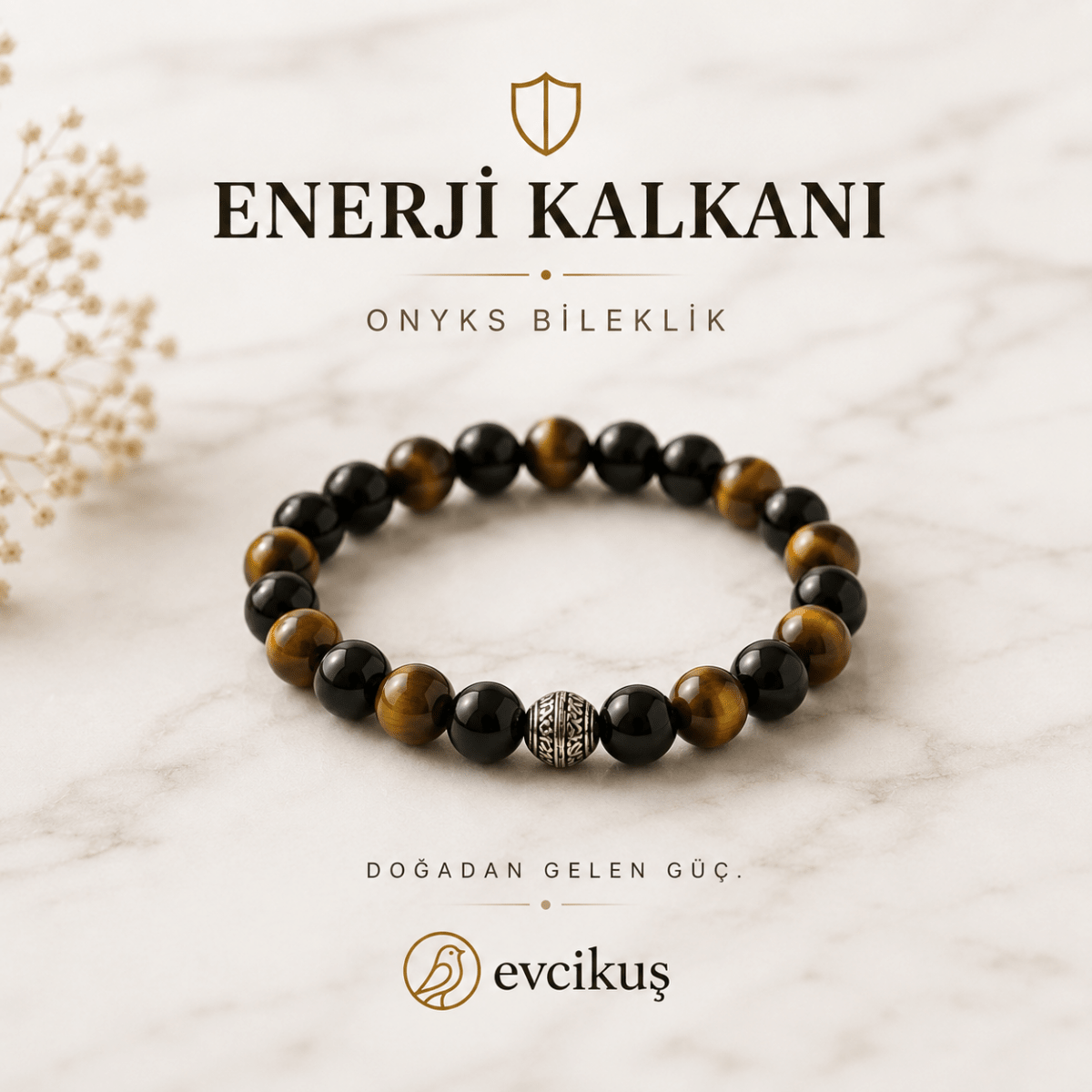 Kaplan Gözü & Oniks Doğal Taş Bileklik - evcikus