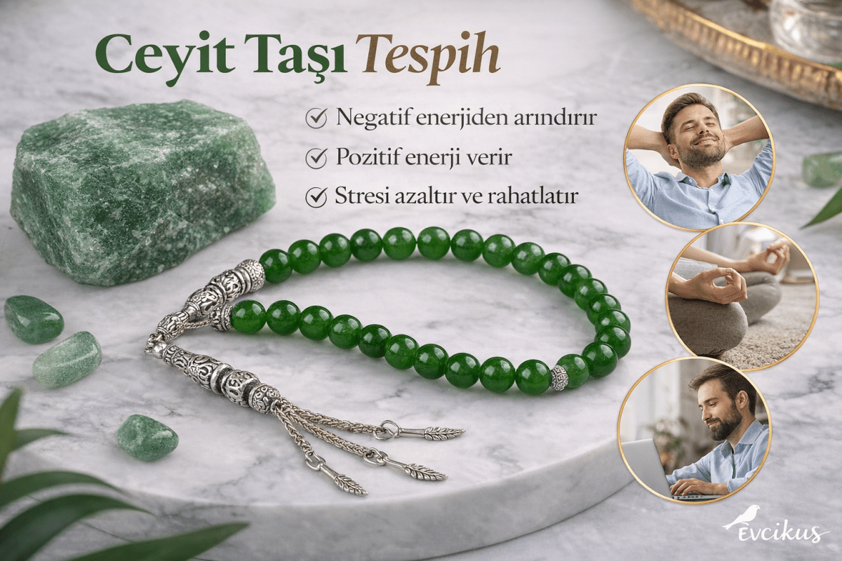 Evcikuş Yeşil Ceyt Taşı Tespih 33’lü – Doğal Taş, Şık ve Enerji Odaklı Tesbih - evcikus