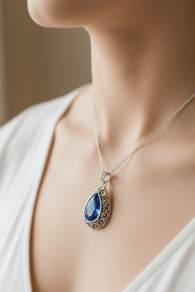Mavi Kristal Taşlı Sallantı Metal Kolye Ucu - evcikus