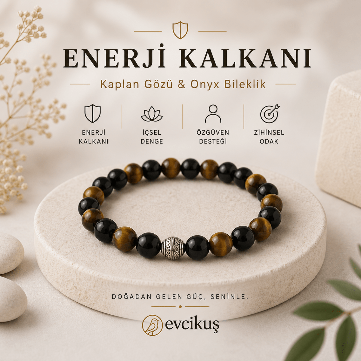 Kaplan Gözü & Oniks Doğal Taş Bileklik - evcikus