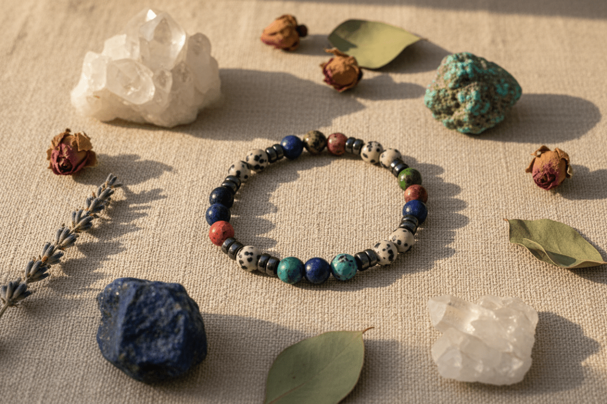 7 Doğal Taşlı Unisex Bileklik – Jasper, Hematit, Mercan, Malakit, Lapis Lazuli ve Turkuaz - evcikus
